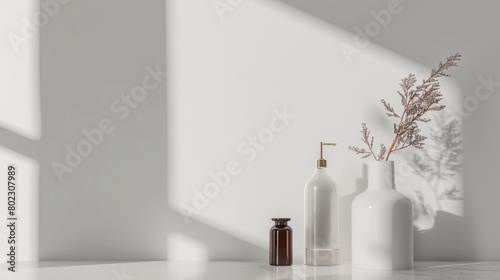 Minimalist White Dispensers and Brown Vase with Plant