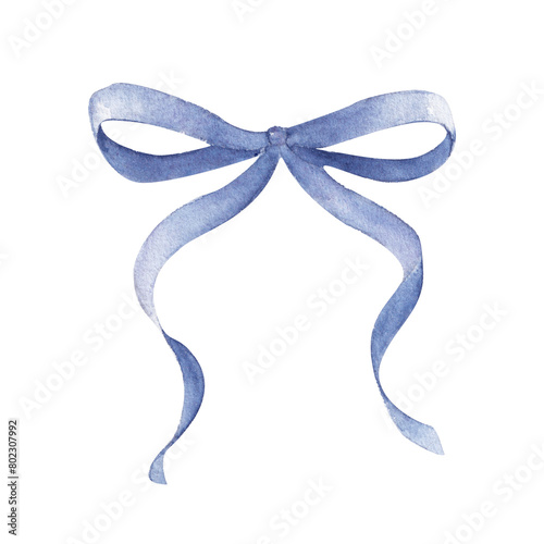 Dusty blue pastel ribbon bow tie. Cute girly style. Hand drawn watercolor isolated on white background