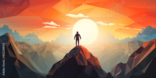 an illustration of a man standing on a top of a mountain conquest illustrated background