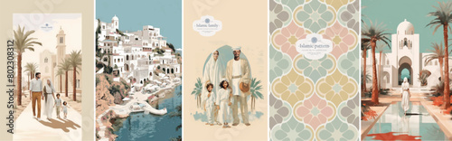 Artistic series depicting Arab familie enjoying serene settings and traditional architecture in various cultural scenes