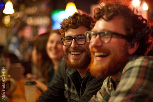 Group of friends having a good time in a pub. Cheerful young men and women having a good time together.