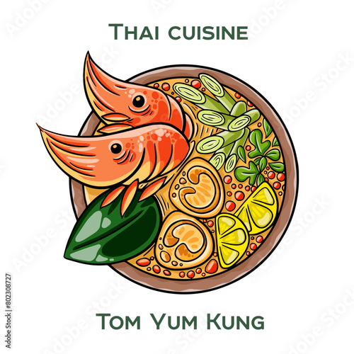 Traditional Thai food. Tom Yum Kung on white background. Isolated vector illustration.