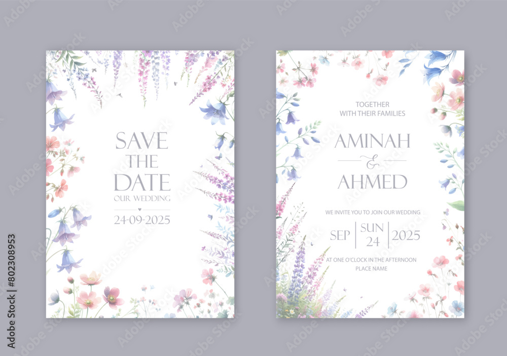 Elegant wedding invites with watercolor flowers on white background.