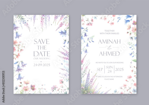 Elegant wedding invites with watercolor flowers on white background.