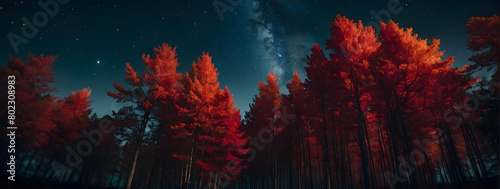 an atmospheric portrayal of a red-hued autumn forest under the vast expanse of the night sky, seen from a low angle.