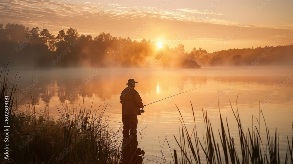 Silhouetted fisherman immersed in solitude casts his rod into a tranquil lake under the soft early summer dawn light