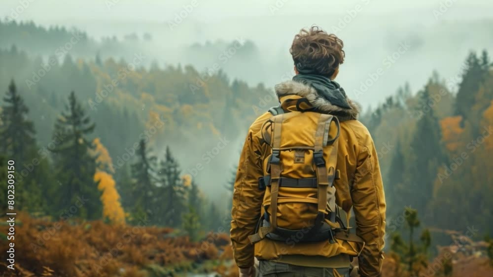 An adventurous man trekking explorer in the remote wilderness. Enjoy mountain life In hiking with a backpack back view An adventurous man trekking explorer in the remote wilderness. Enjoy mountain life In hiking with a backpack back view