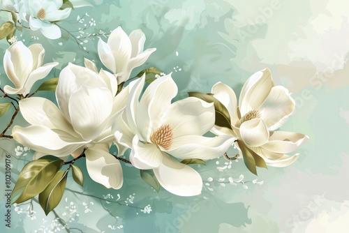 Beautiful white lily  flowers and leaves on a soft colored background .