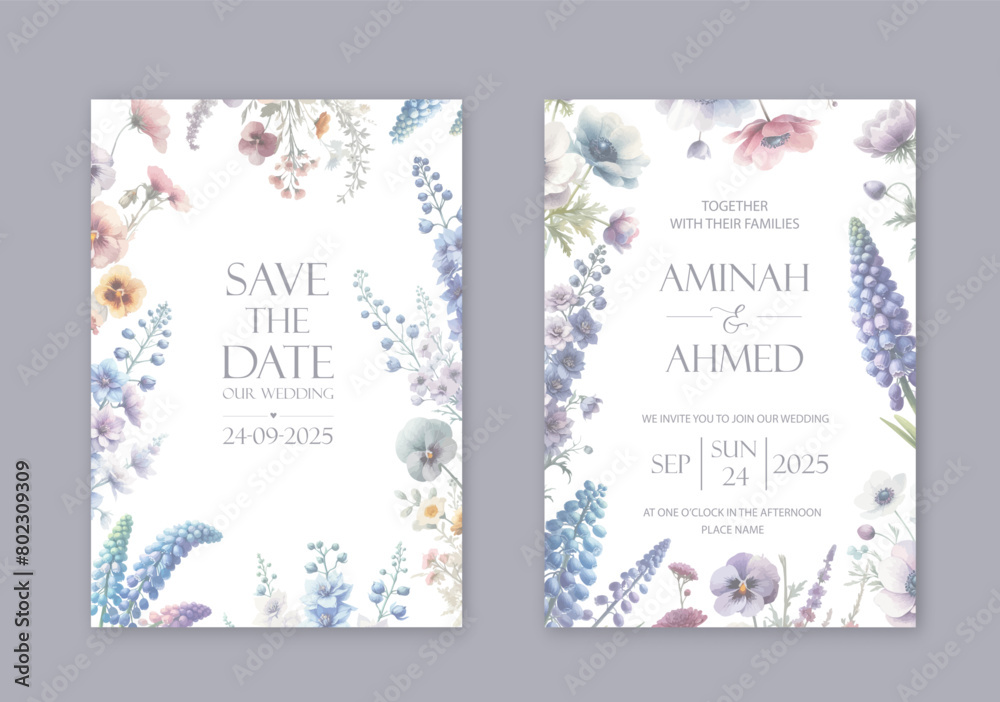 Elegant wedding invites with watercolor violet flowers on white background. Elegant wedding invites with watercolor violet flowers on white background.