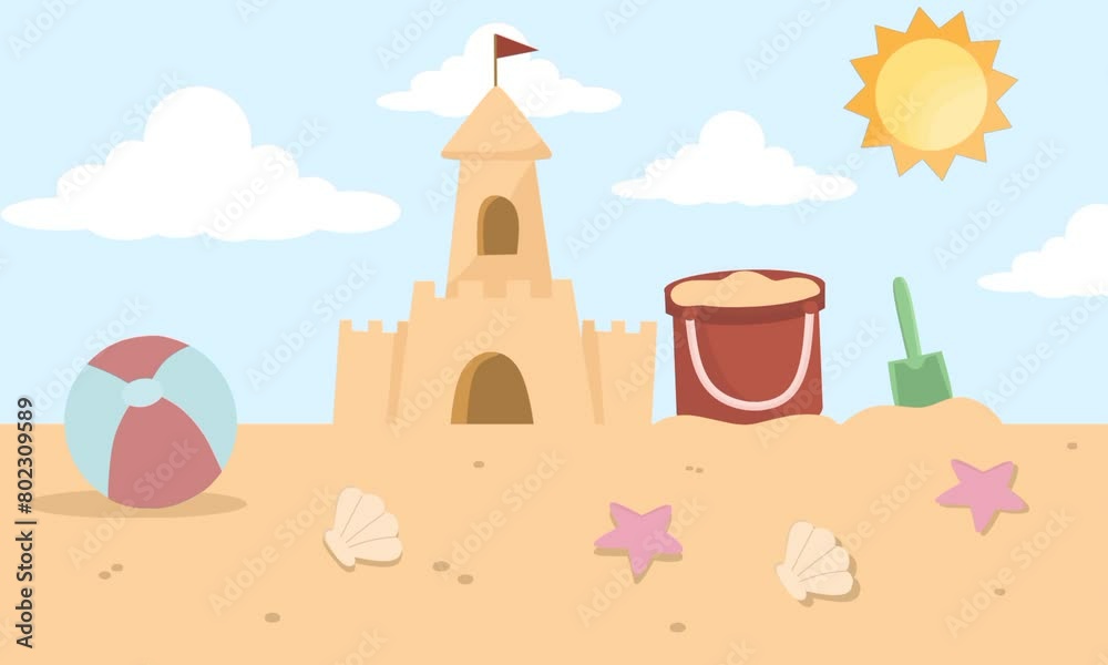 Sandcastle and beach toys, Sandcastle cartoon, summer background animation Sandcastle and beach toys, Sandcastle cartoon, summer background animation