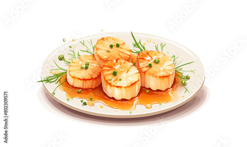 seared scallops with sauce and petals on plate isolated vector style illustration