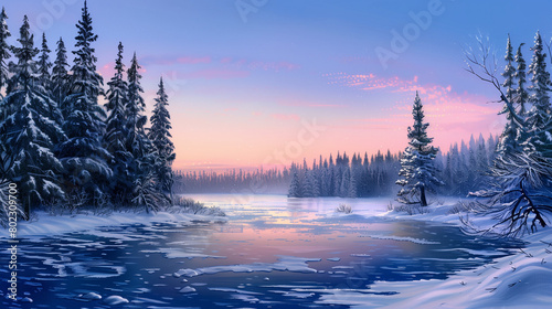 A serene winter landscape  with snow-covered pine trees and a small frozen lake  under the clear blue twilight sky