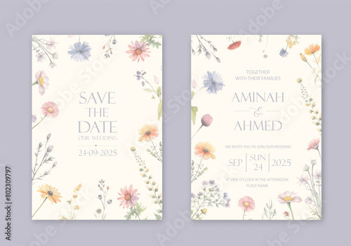 Elegant wedding invites with watercolor flowers on white background.