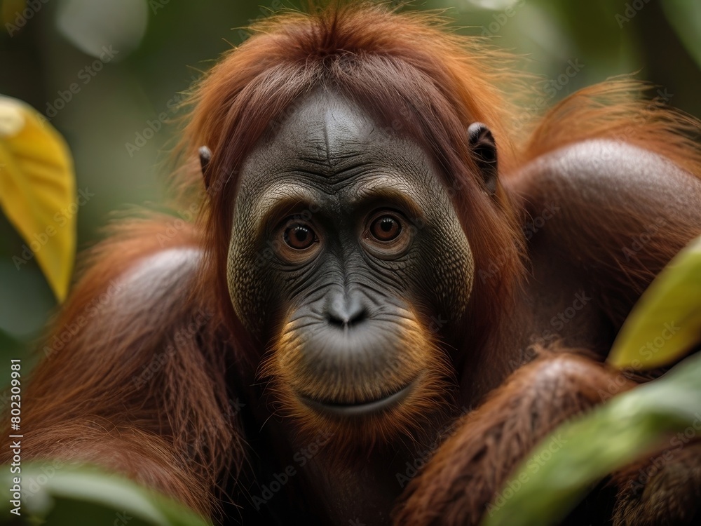Fototapeta premium In the lush Malaysian jungle, a group of majestic orangutans swings effortlessly from tree to tree