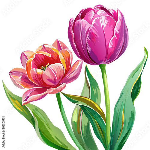 Pink Tulip and another flower  oil color  white background 