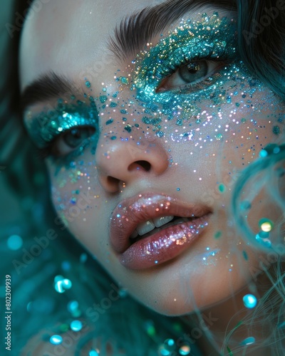 High quality creative photoshoot of a model in glitter makeup, fashion photoshoot