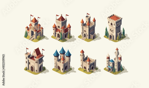 castle set isometric vector flat minimalistic isolated illustration