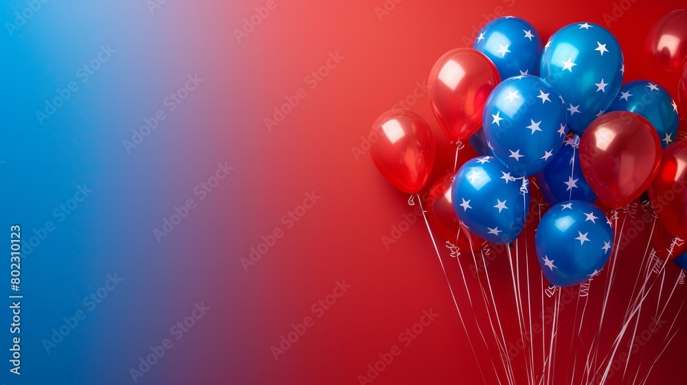 Star-spangled balloons float against a spectacular fireworks display celebrating American Independence Day with a gradient background providing space for text Star-spangled balloons float against a spectacular fireworks display celebrating American Independence Day with a gradient background providing space for text