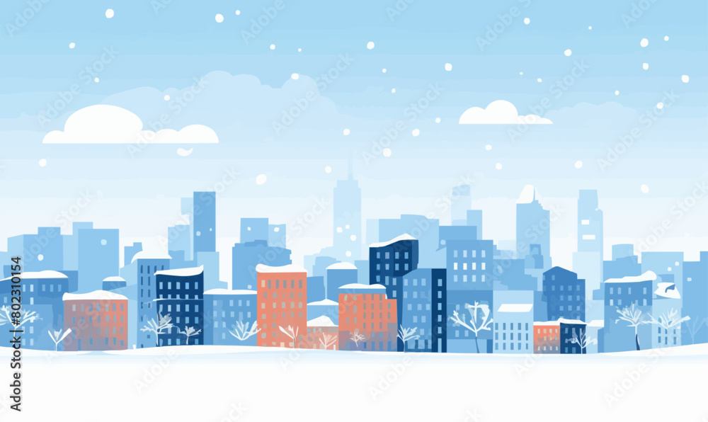 A city skyline with snow on the buildings and a blue sky A city skyline with snow on the buildings and a blue sky