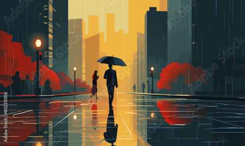 walking in the rain vector flat minimalistic isolated illustration