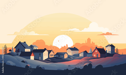 A small town with houses and a sun in the sky