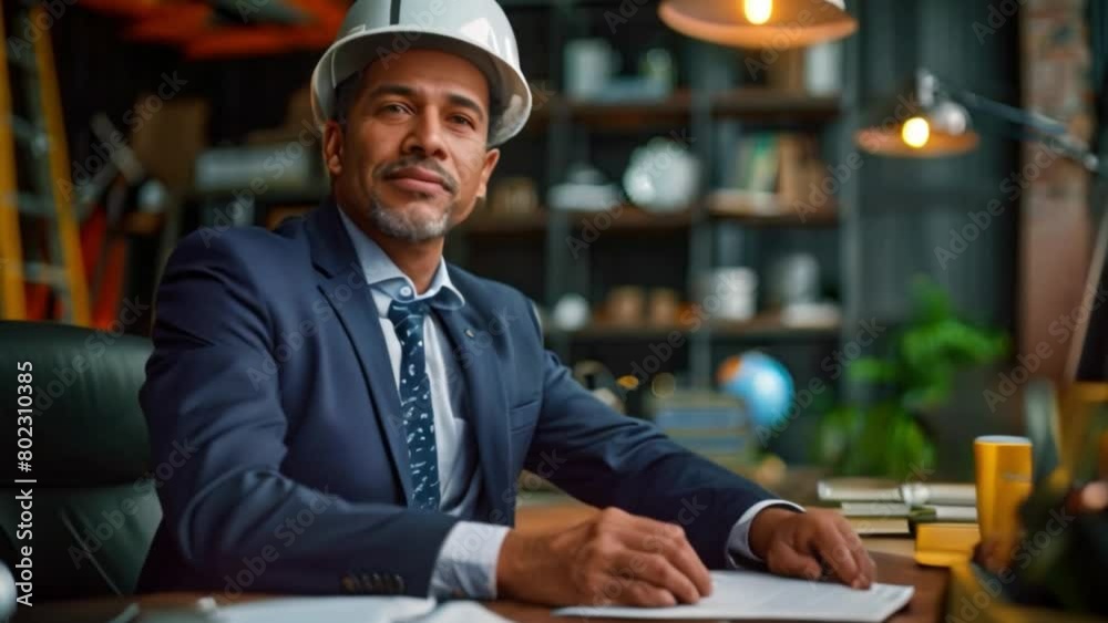 A male businessman or civil engineer in a business suit sits confidently at an executive desk in a modern office. Smiling male engineer looking at camera A male businessman or civil engineer in a business suit sits confidently at an executive desk in a modern office. Smiling male engineer looking at camera