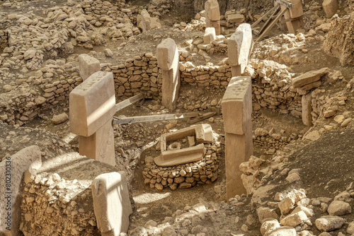 Gobekli Tepe neolithic archaeological site dating from 10 millennium BC, Large circular structures with massive stone pillars, Potbelly Hill, Sanliurfa, Turkey