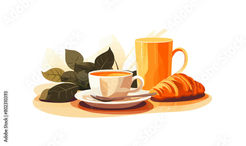 A white coffee cup sits on a plate next to a croissant and a leaf