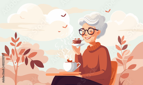 old woman drinking coffee vector flat isolated illustration