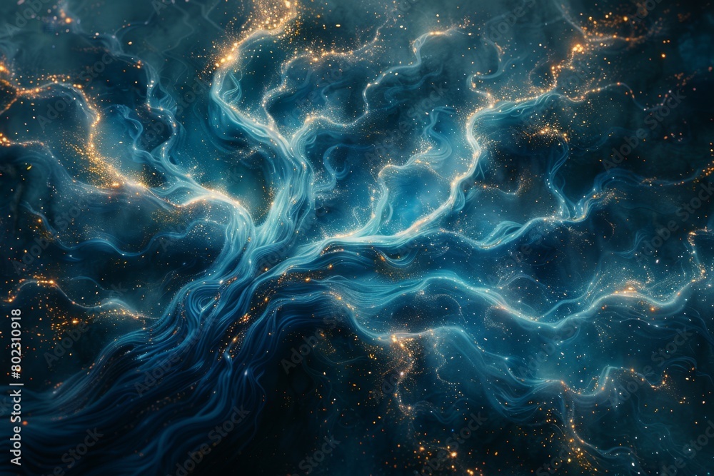Starry sky background with glowing blue energy waves and golden swirls forming the shape of an abstract tree in the style of dark fantasy art, Generative AI Starry sky background with glowing blue energy waves and golden swirls forming the shape of an abstract tree in the style of dark fantasy art, Generative AI