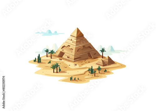 A drawing of the pyramids of Egypt with a sandy desert background
