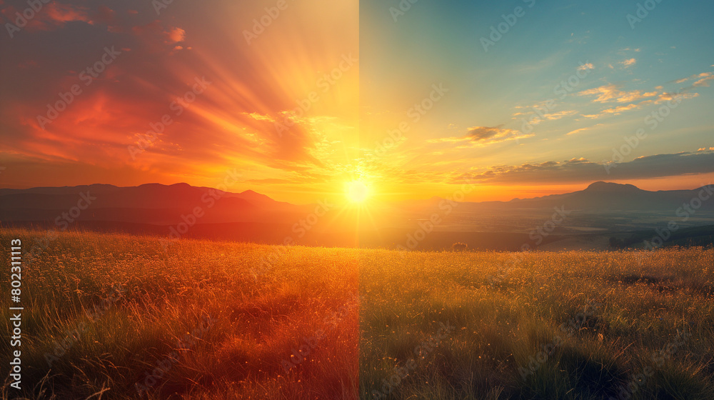 Summer Solstice Sunrise and Sunset Glow over  Fields And Mountains, Sun Equinox And Nature