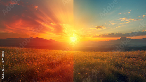 Summer Solstice Sunrise and Sunset Glow over  Fields And Mountains, Sun Equinox And Nature © KAI
