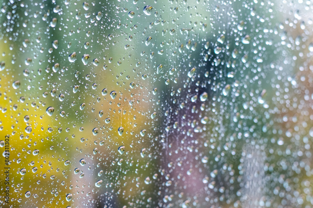 Water drops on the glass on a blurred autumn background