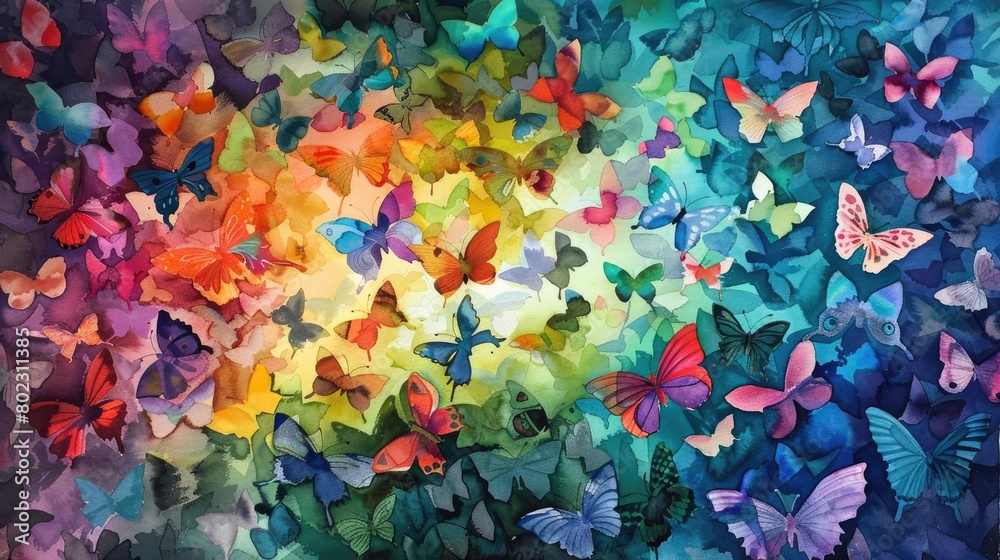 A whimsical watercolor painting of a kaleidoscope of butterflies, migrating through a blooming spring garden, full of life and color,