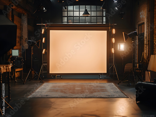 A studio with a large glowing screen, surrounded by tripods with lighting equipment.