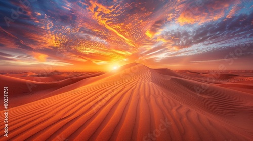Intricate fractal patterns adorn a lone desert sand dune bathed in the warm hues of a sunrise sky #802311751