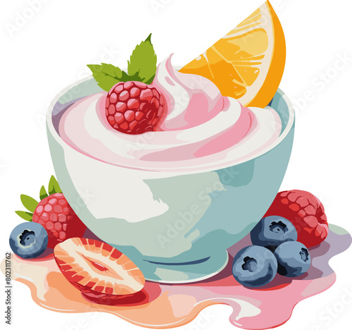 Delicious strawberry yogurt with berry fruits, isolated clipart design element for healthy breakfast, dessert, probiotic, food decoration, health benefits, diet, dairy product, nutrient, advertisement
