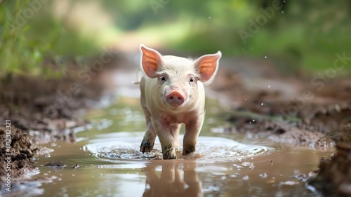 Playful Teacup Pig in a small puddle, illustrating its playful character and small size for a unique pets feature