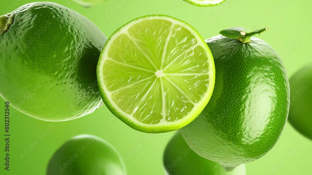 fresh limes on green background