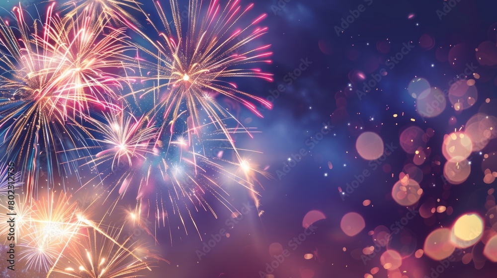 Fototapeta premium Vibrant fireworks burst over a star-spangled banner symbolizing American Independence Day against a twilight sky with ample space for text