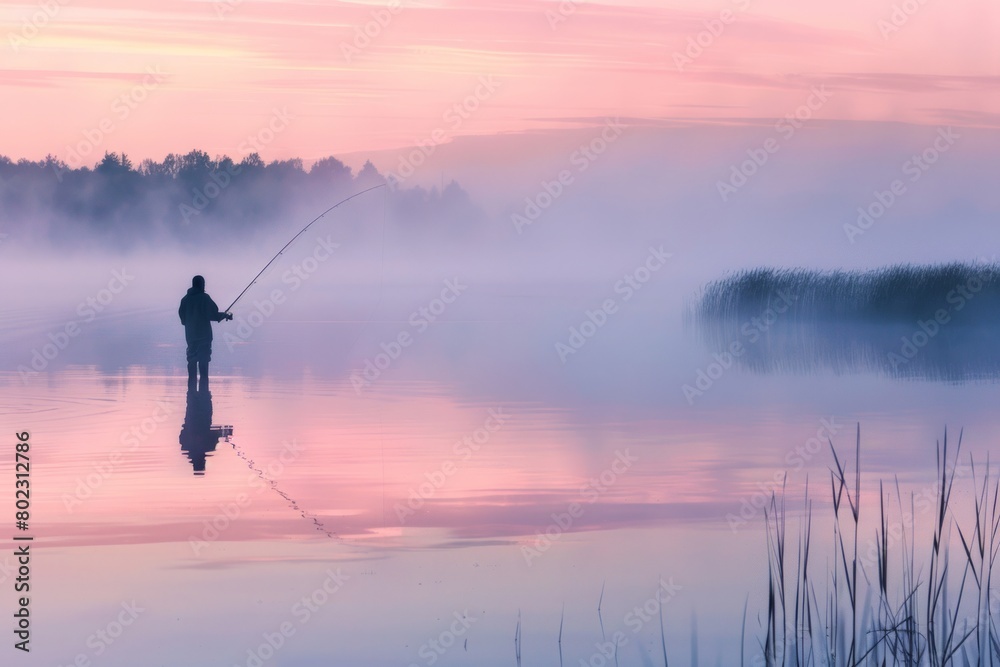 Man in solitude casts a fishing rod on a tranquil lake bathed in the soft hues of early summer sunrise Man in solitude casts a fishing rod on a tranquil lake bathed in the soft hues of early summer sunrise
