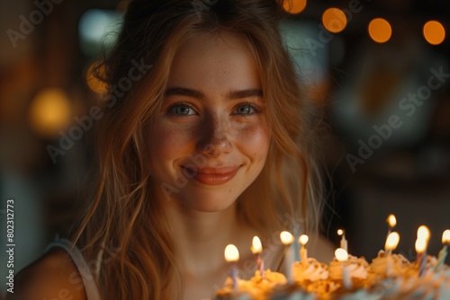 Young woman smiles holding a birthday cake