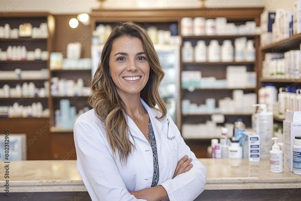 Professional female pharmacist arms crossed