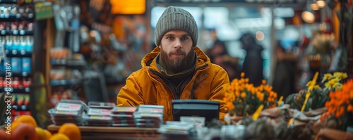 Man at market stall in winter clothing