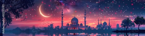 night scene featuring a crescent moon illuminating a beautifully detailed mosque with minarets and a starry sky, representing the start of the Islamic New Year photo