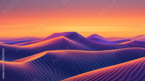 Sunrise paints unusual fractal patterns on undulating desert sand dunes with a vibrant orange and purple gradient sky as backdrop