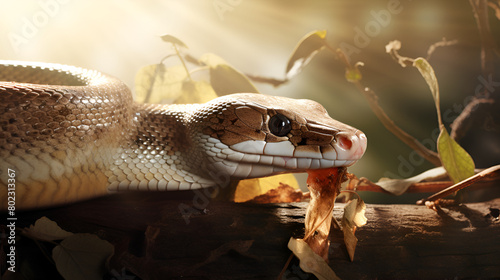 an image of snake sitting on a wooden in a jungle scurry rodents on a white lighted background photo