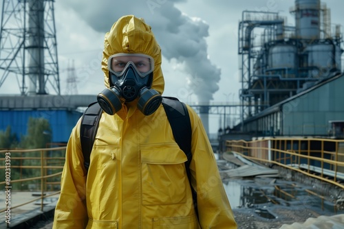 Worker in a hazmat suit against an industrial backdrop