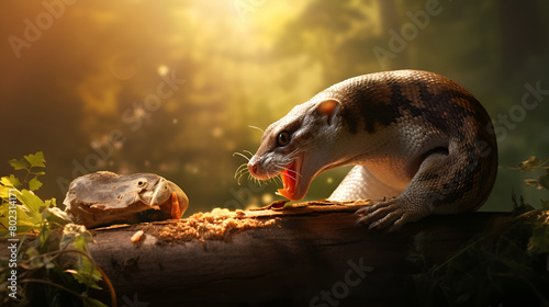a mouse like snake opening mouth on a wooden whiskers on a blurred background photo